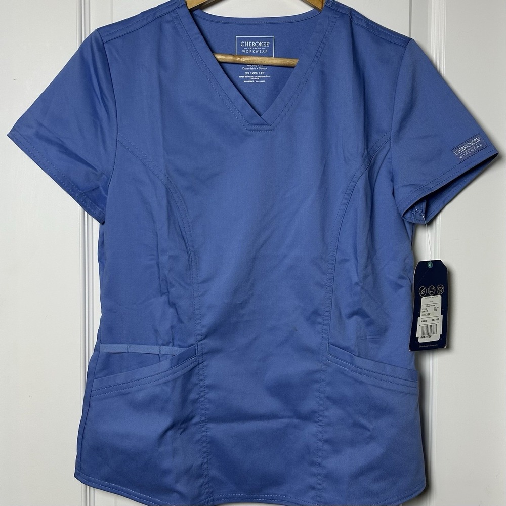 Cherokee Workwear Women's Petite Blue Stretch Soft Easy Care V-Neck Scrub‎ Top